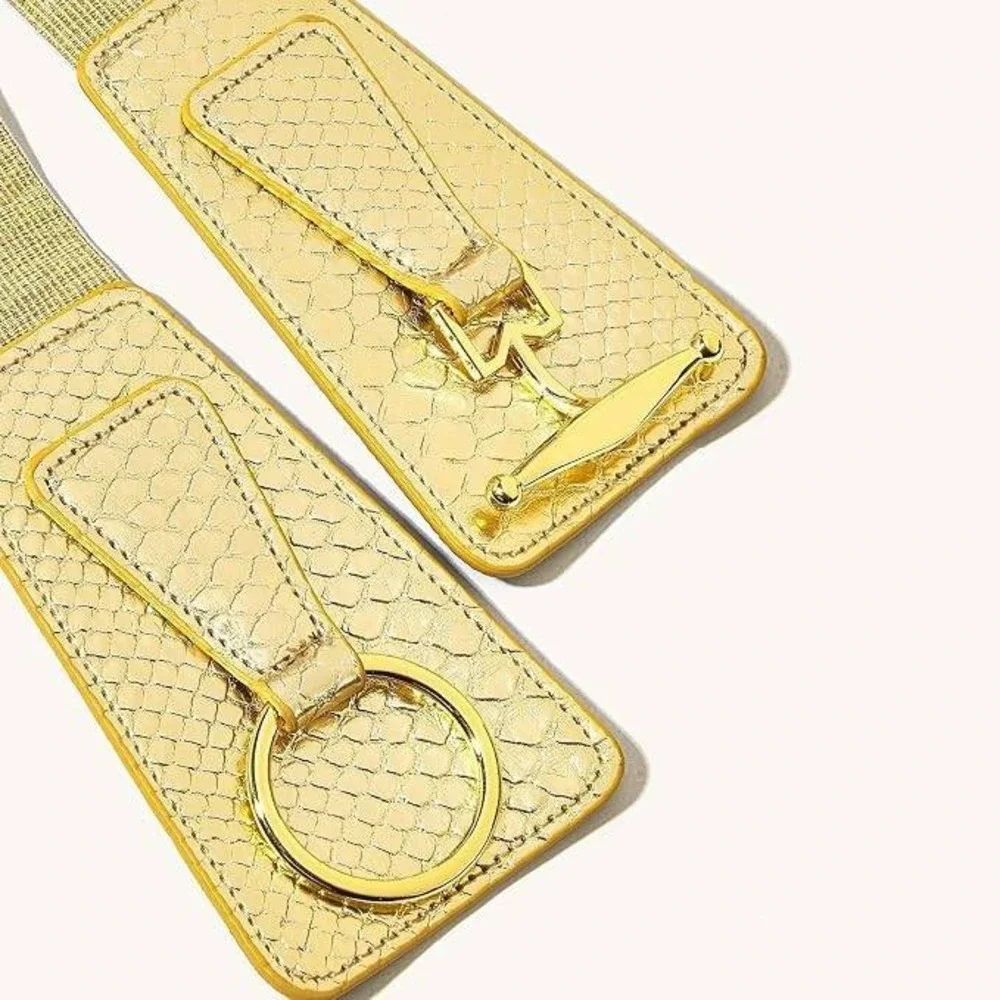 RMMVJJ Women's S Gold Glitter Wide Waist Belt Stretch Elastic Dress Belt Fashion